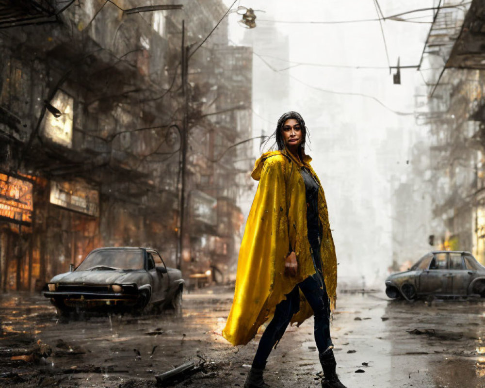 Confident woman in yellow cloak in urban wasteland