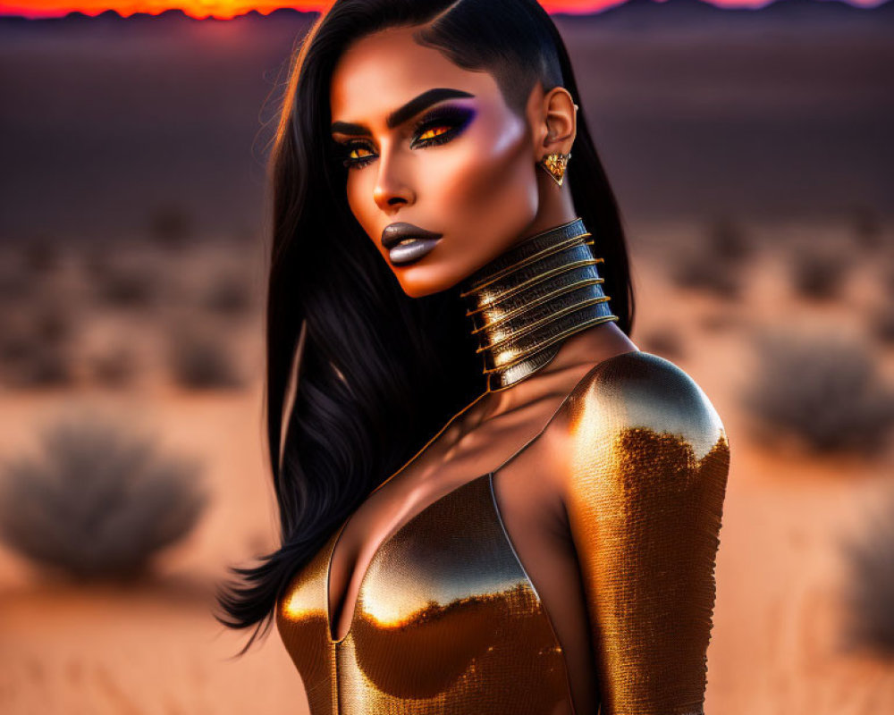 Bold makeup and gold body paint on woman in desert at sunset