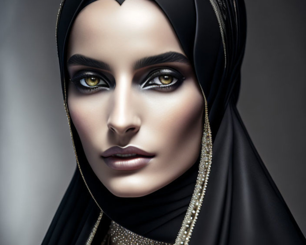 Detailed Digital Portrait of Woman in Black Hijab & Embellished Clothing