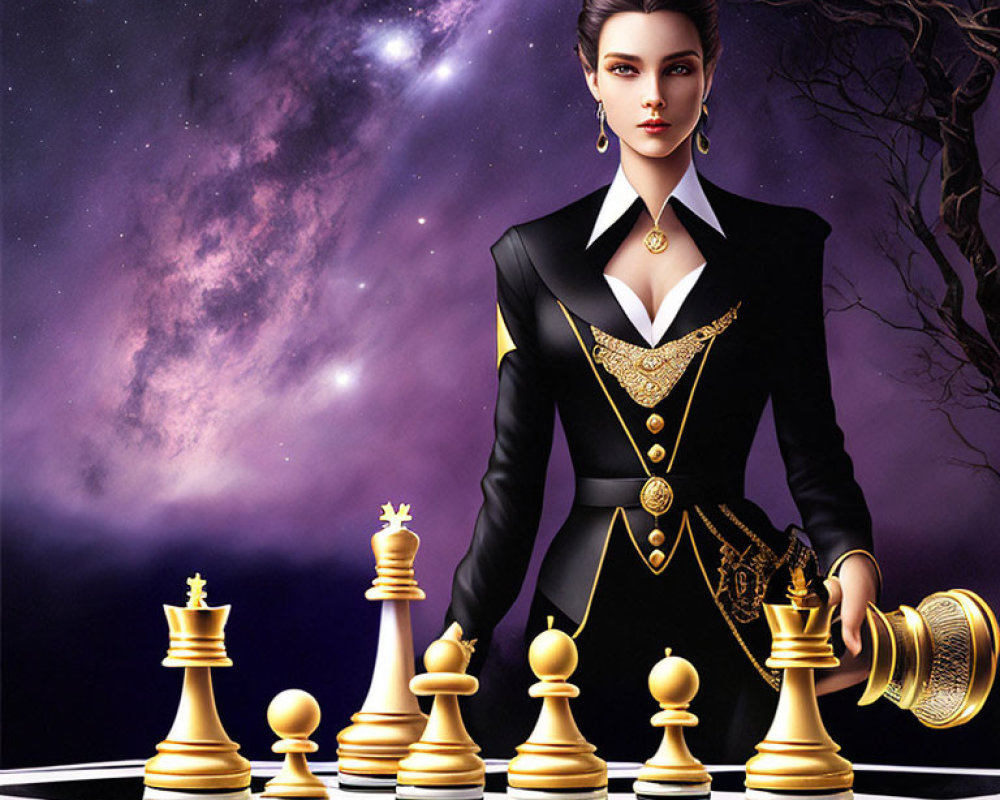 Illustrated woman in elegant suit on cosmic backdrop with oversized chess pieces.