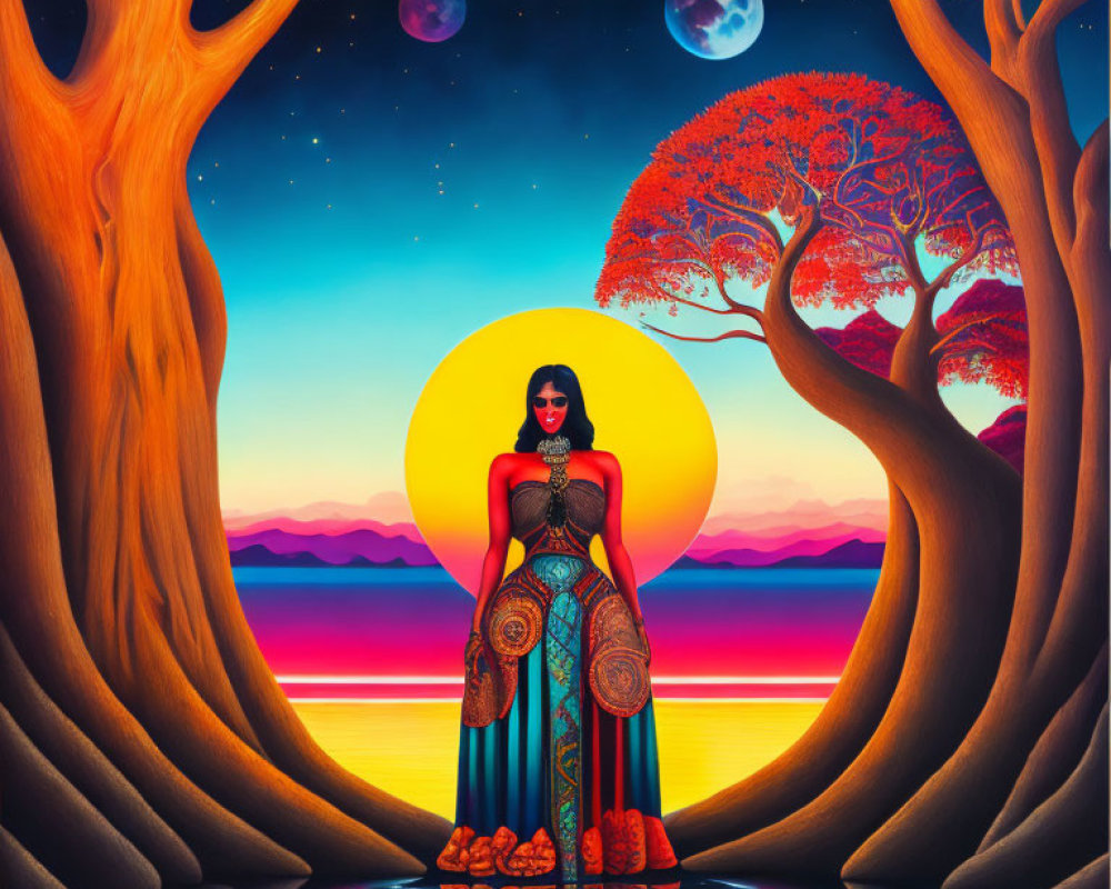 Woman standing in surreal sunset scene with colorful trees, reflective water, and planets.