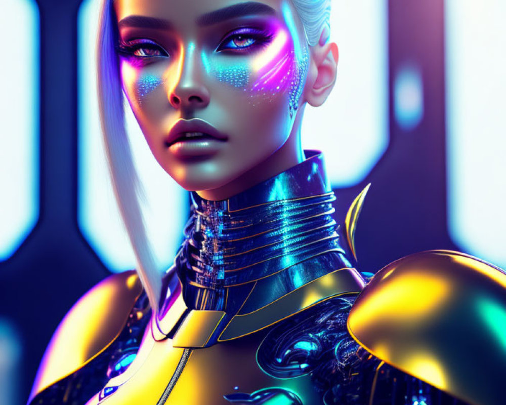 Futuristic female robot with platinum hair and glowing blue makeup in golden armor