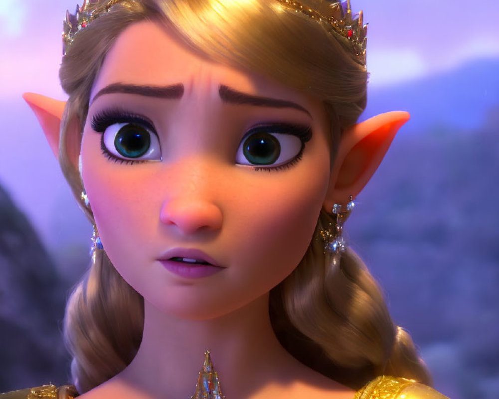 3D animated character with big green eyes and golden tiara in gold attire, looking concerned against dus