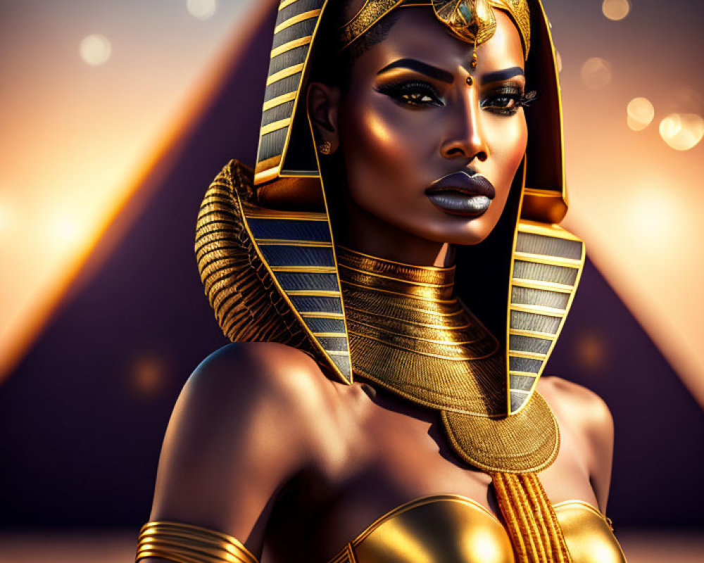 Egyptian Pharaoh with Golden Headdress in Sunset Scene