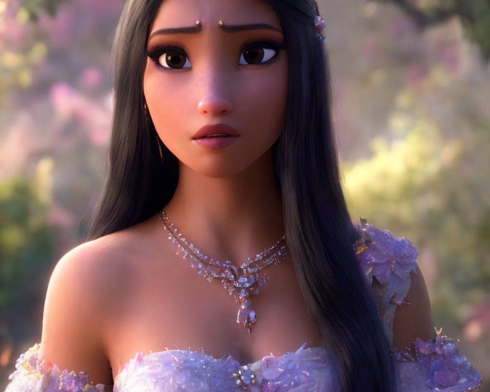 3D animated princess with long hair, crown, pink dress, and floral decorations against blooming tree