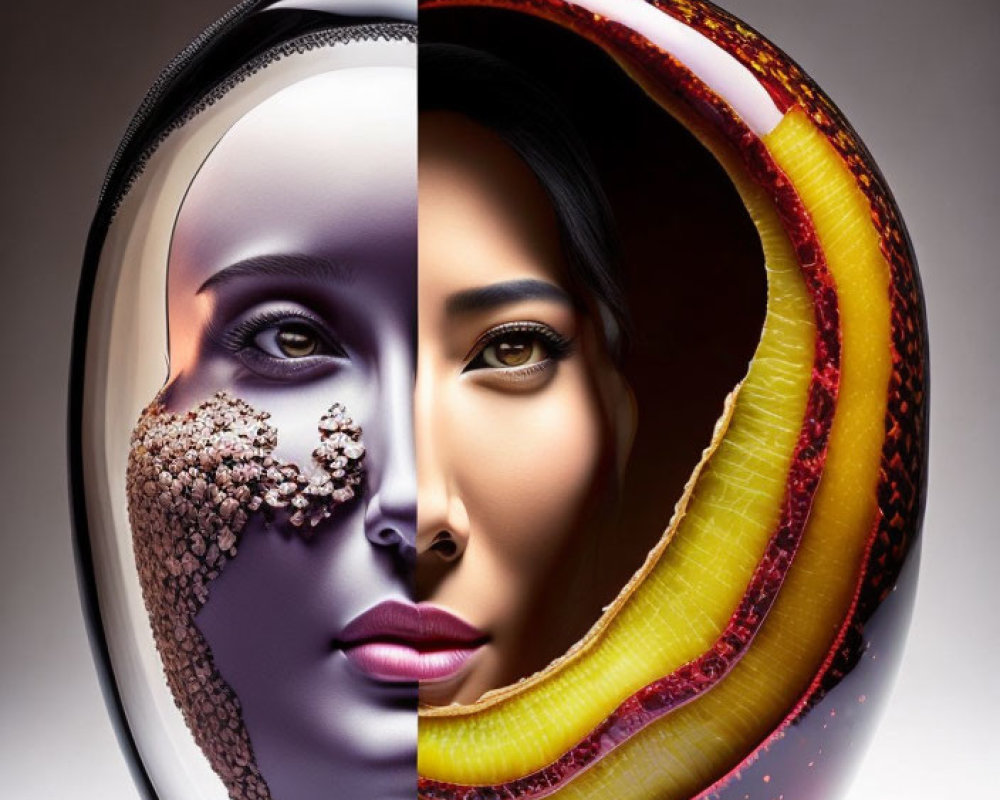 Surreal image: Woman's face merges with fruit, spices, liquids