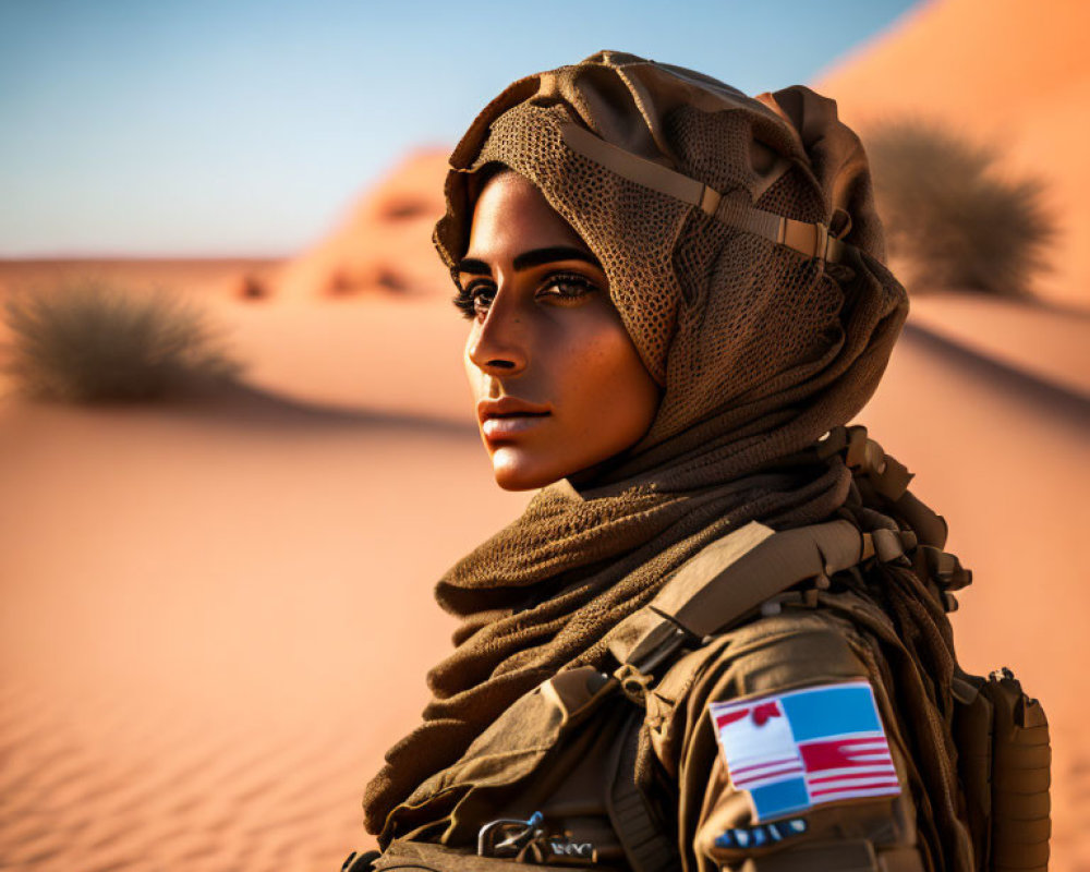 Female soldier in headscarf at desert sunset.