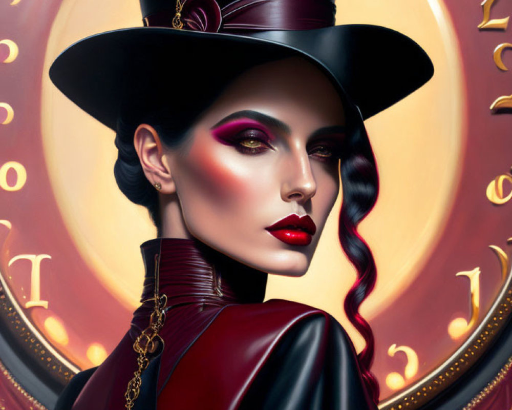 Woman with Striking Makeup in Top Hat Among Clock Numbers and Rose