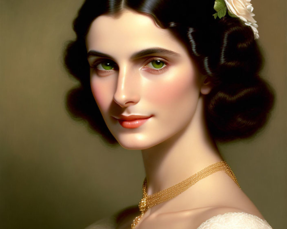 Woman with Dark Hair in White Dress and Flower - Serene Portrait