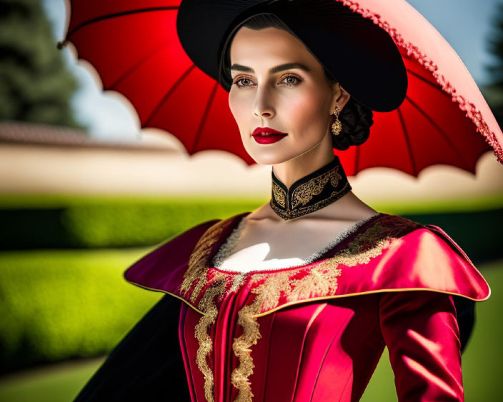 Vintage Red and Gold Dress Woman with Parasol in Elegant Garden Scene