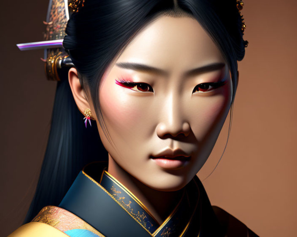 East Asian Female Figure in Traditional Attire with Hairpins and Intricate Makeup