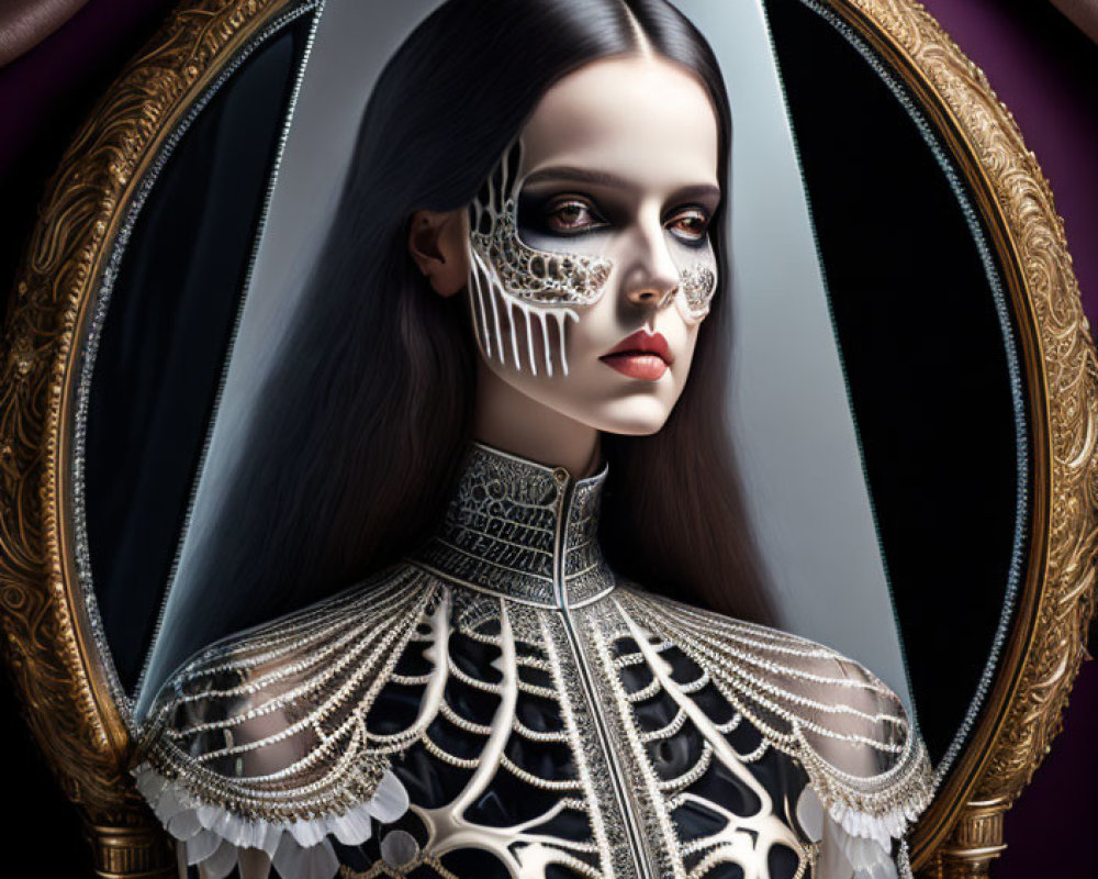 Digital Artwork: Woman in Gothic Skull Makeup & High-Collared Outfit by Ornate Oval