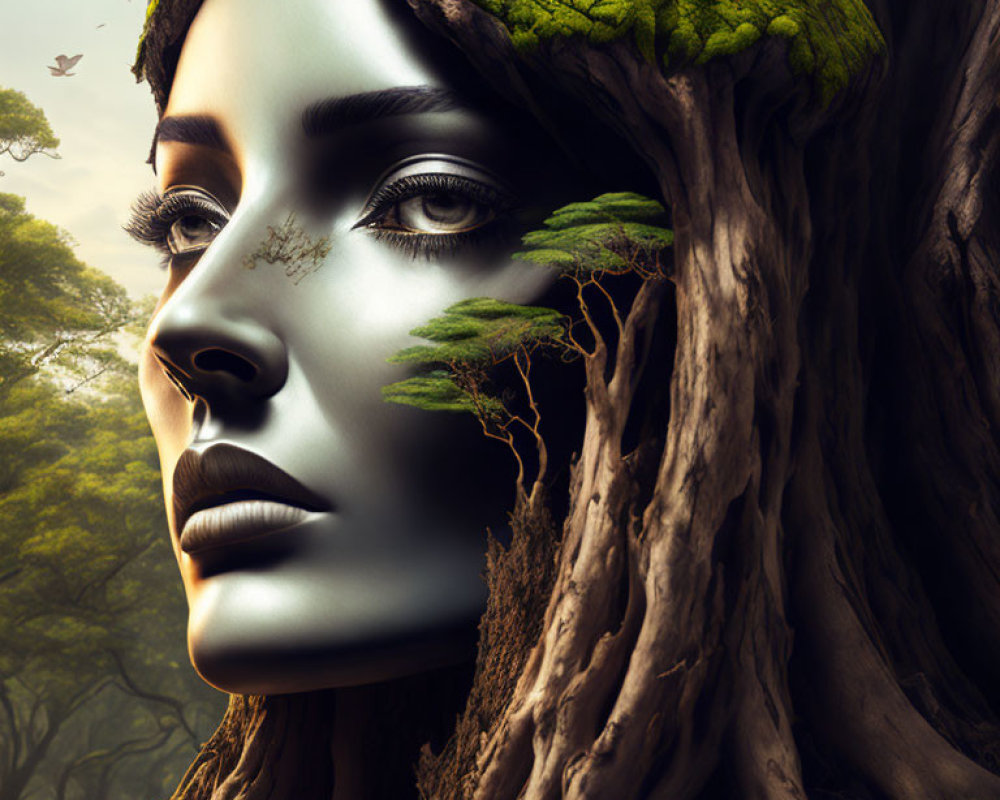 Surreal image: Woman's face merges with tree, bark skin, forest background