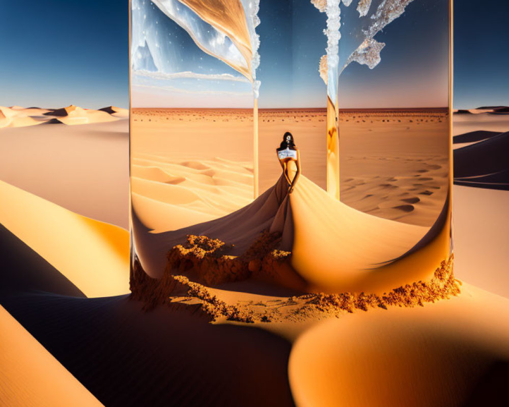 Person under oversized hourglass with sand on desert dune