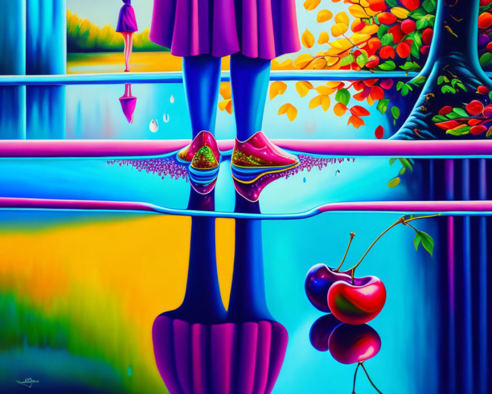 Colorful surreal painting of woman's reflection on water with cherry and trees.