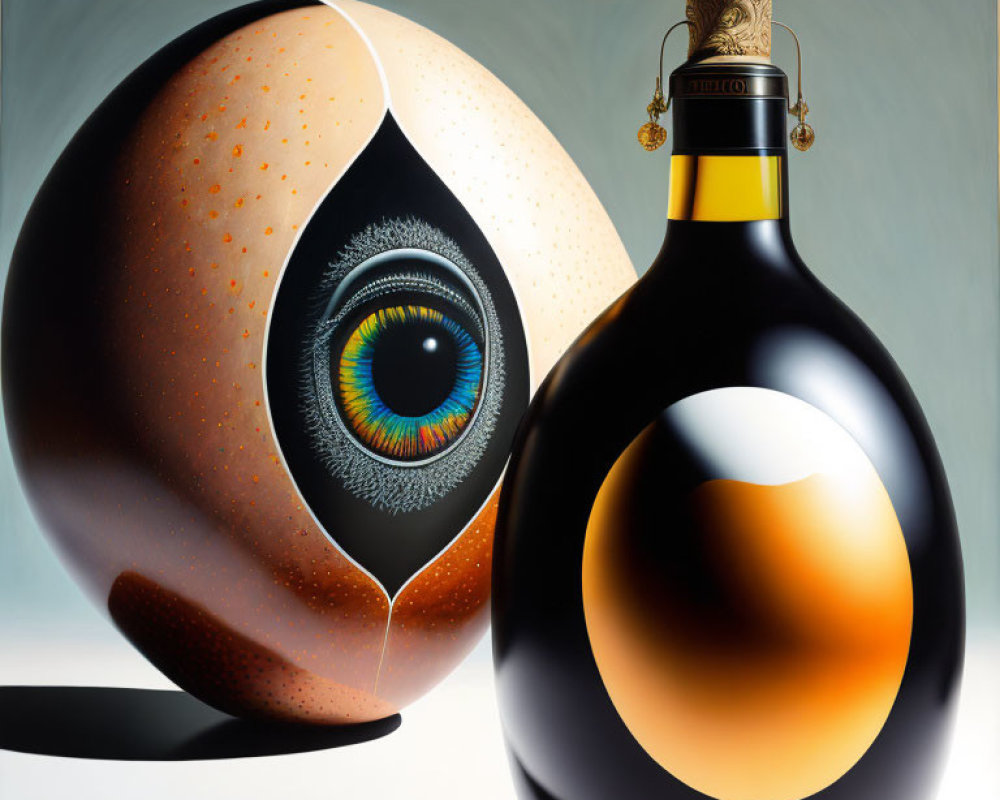 Surreal artwork: Large sphere with eye pattern next to spherical bottle on neutral background