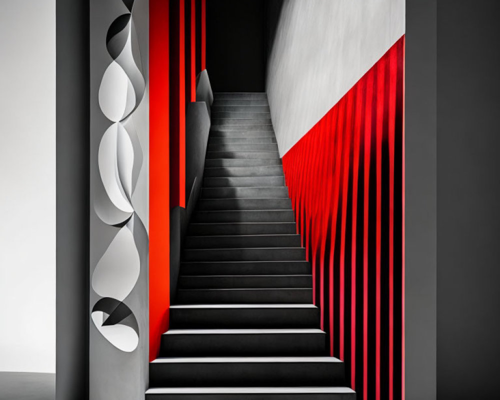 Monochrome staircase with red and black geometric shapes and stripes