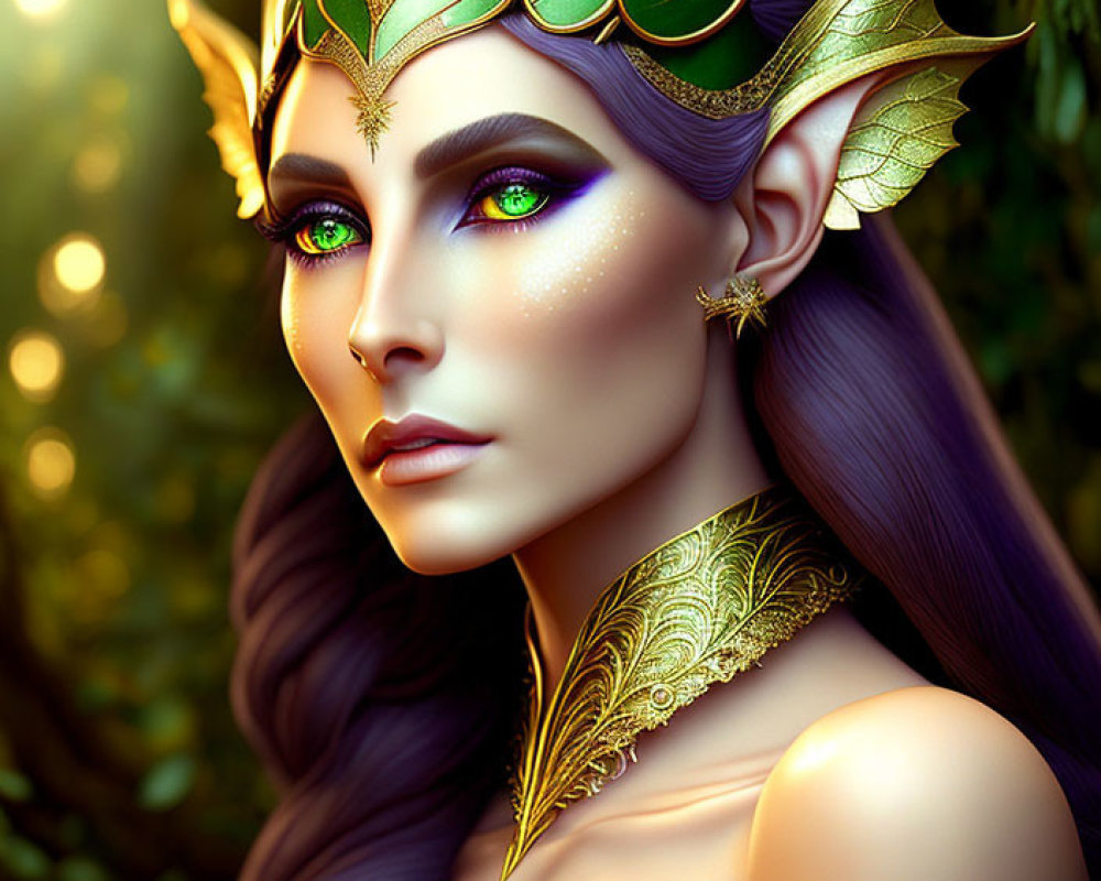 Digital art portrait: Elf with violet hair, blue eyes, golden crown and armor, in verdant