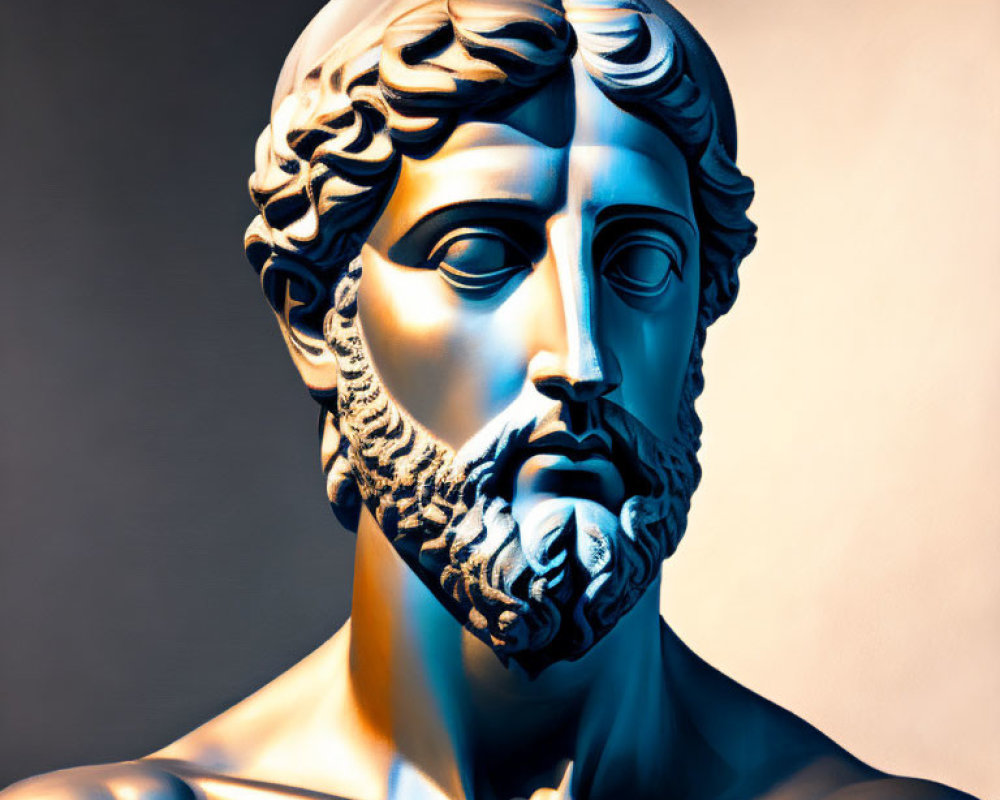 Detailed Bearded Male Bust Sculpture on Dual-Tone Background