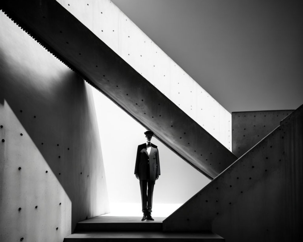 Silhouette of person on concrete stairway between angled walls under bright sky