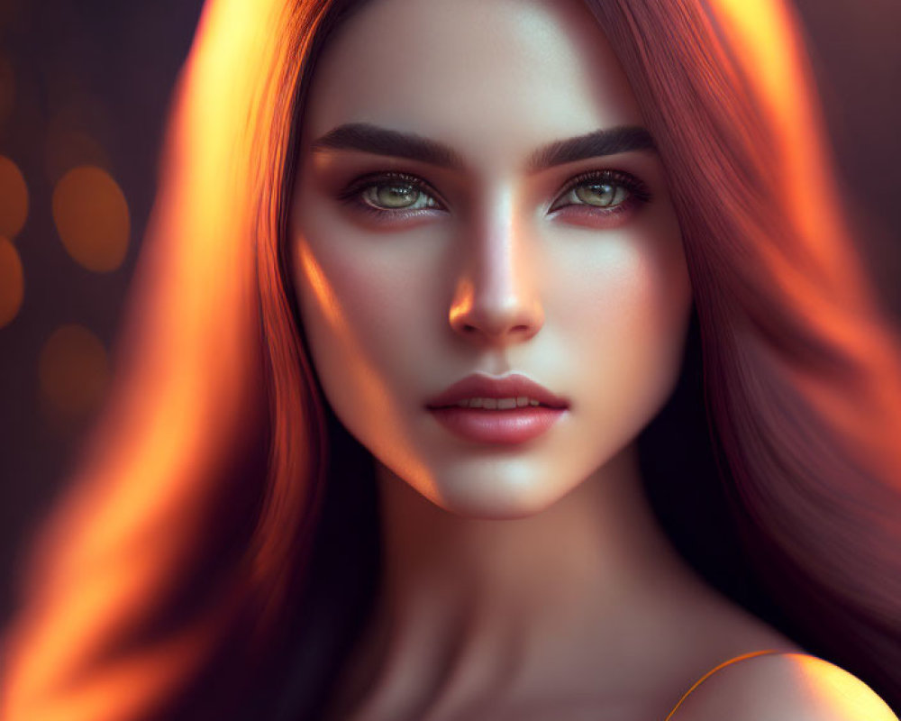 Woman with Glowing Red Hair and Green Eyes in Mystical Digital Art