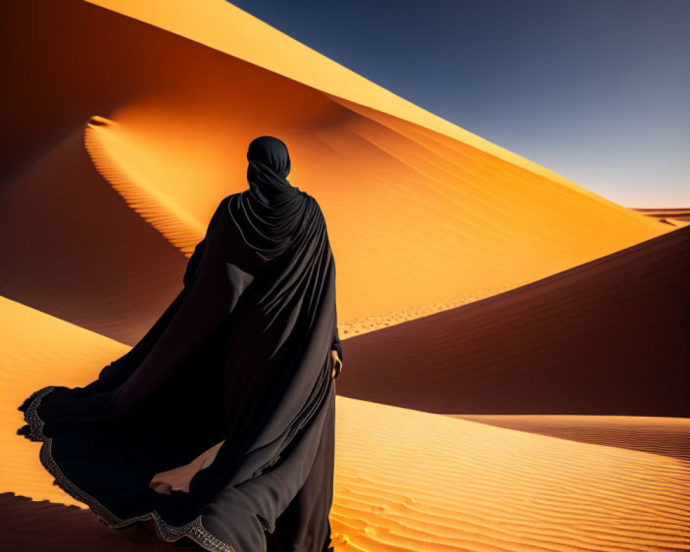 Figure in black cloak on sand dune under clear blue sky