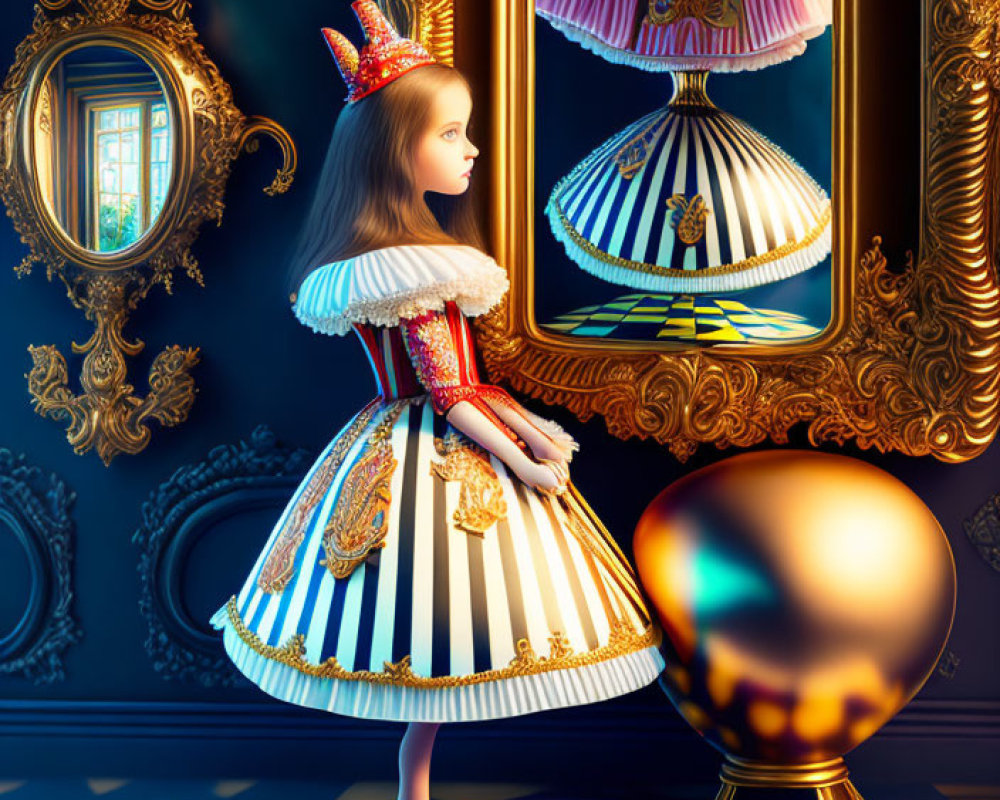 Baroque-style dressed girl gazes at floating lamp in checkerboard room