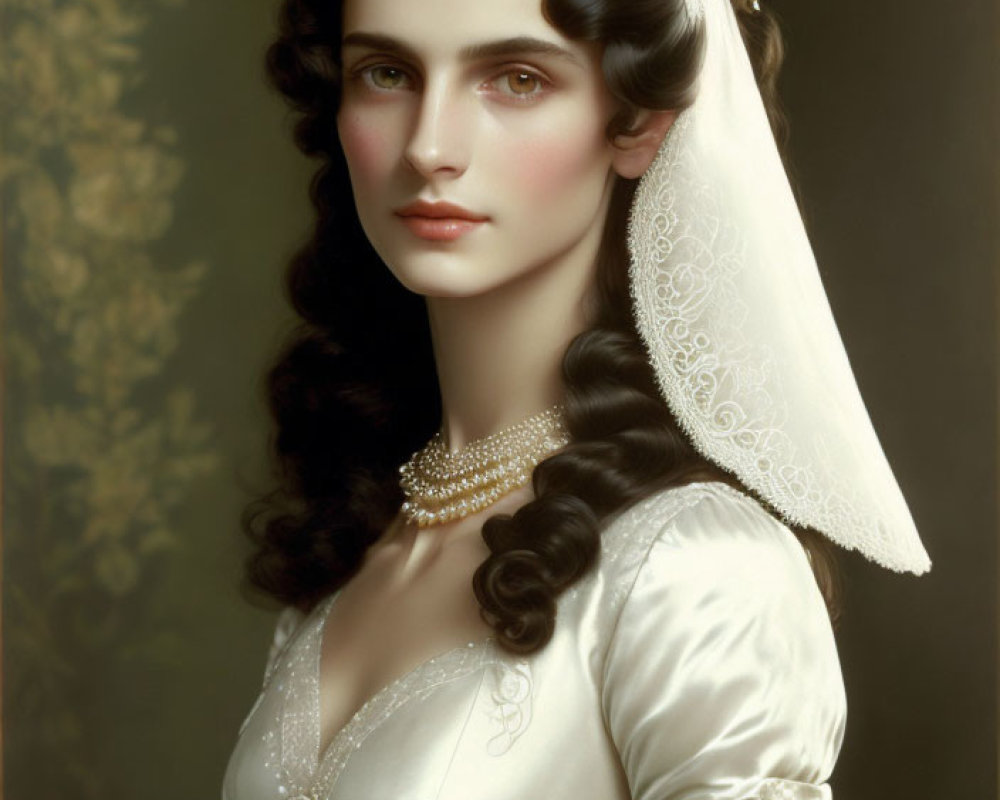 Portrait of Woman with Dark Hair in White Dress and Pearl Necklace