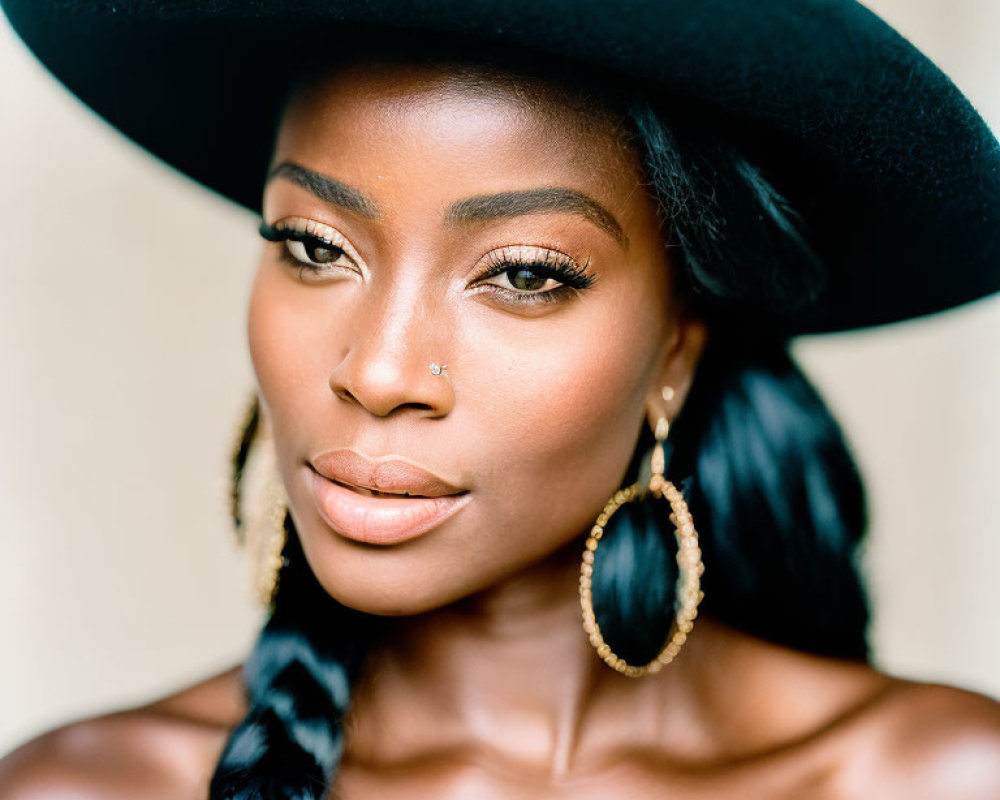 Portrait of woman with dark skin, black hat, large braid, and hoop earrings