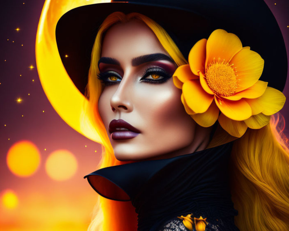 Stylized portrait of woman with golden hair, dramatic makeup, wearing hat and black outfit with floral