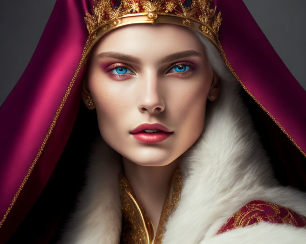 Regal woman with blue eyes, golden crown, magenta cloak