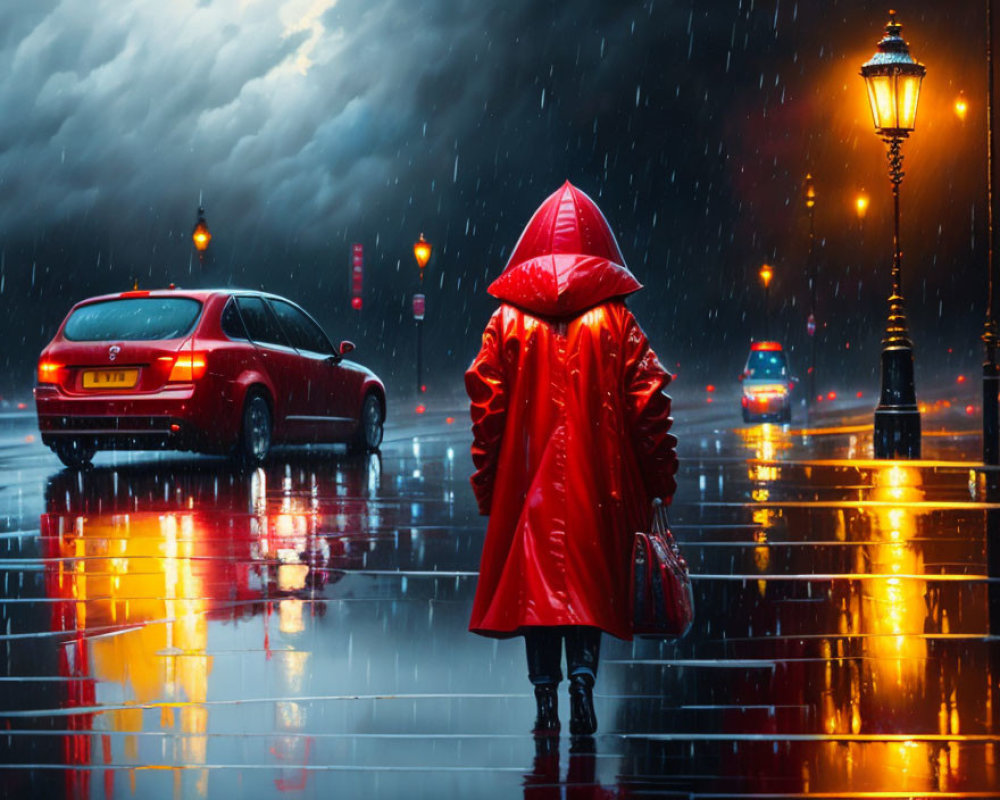 Night scene: Person in red raincoat on wet street with street lamps and passing cars.