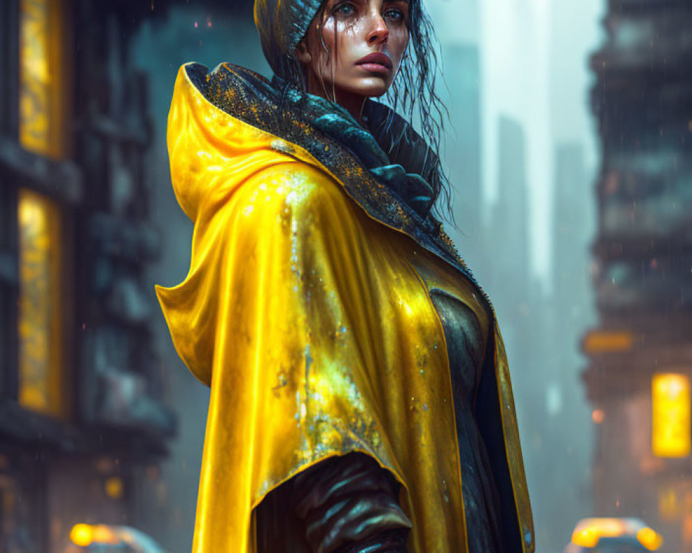 Person in Yellow Cloak Stands in Rainy Urban Setting