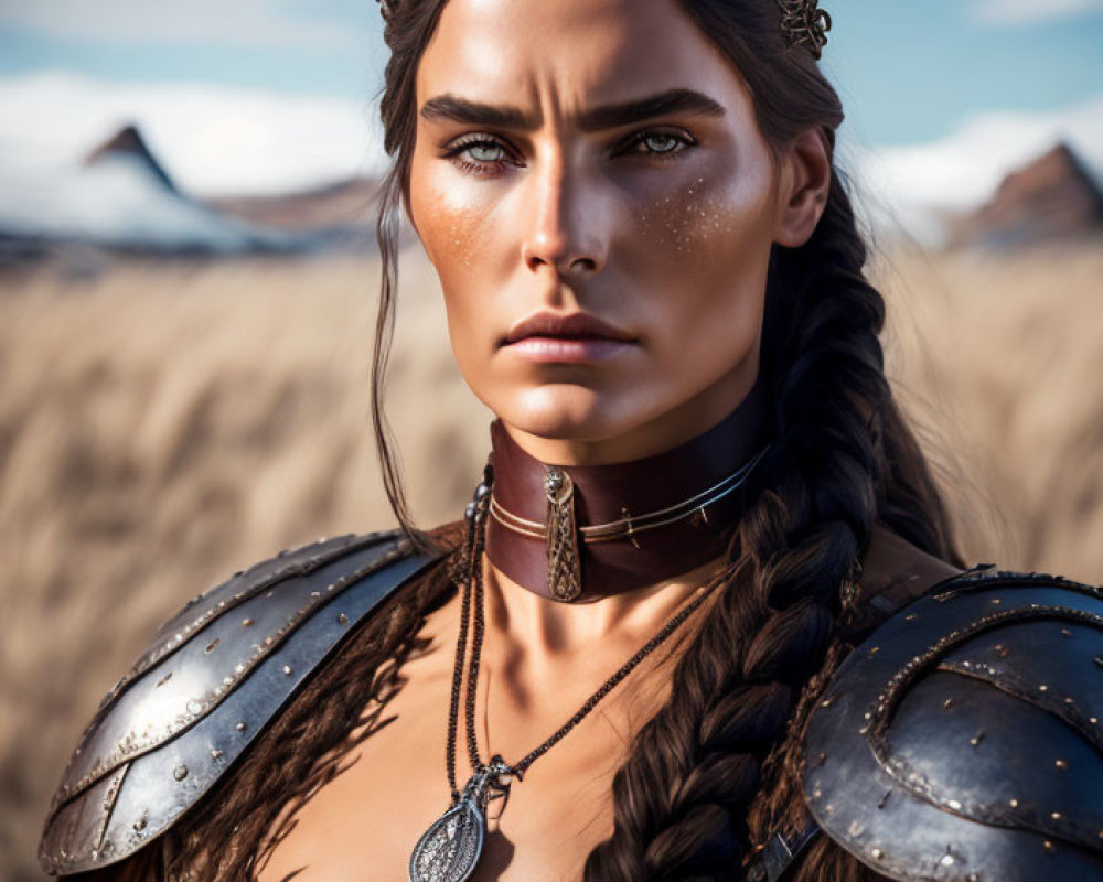 Woman in ornate armored attire with braided hair in desert landscape