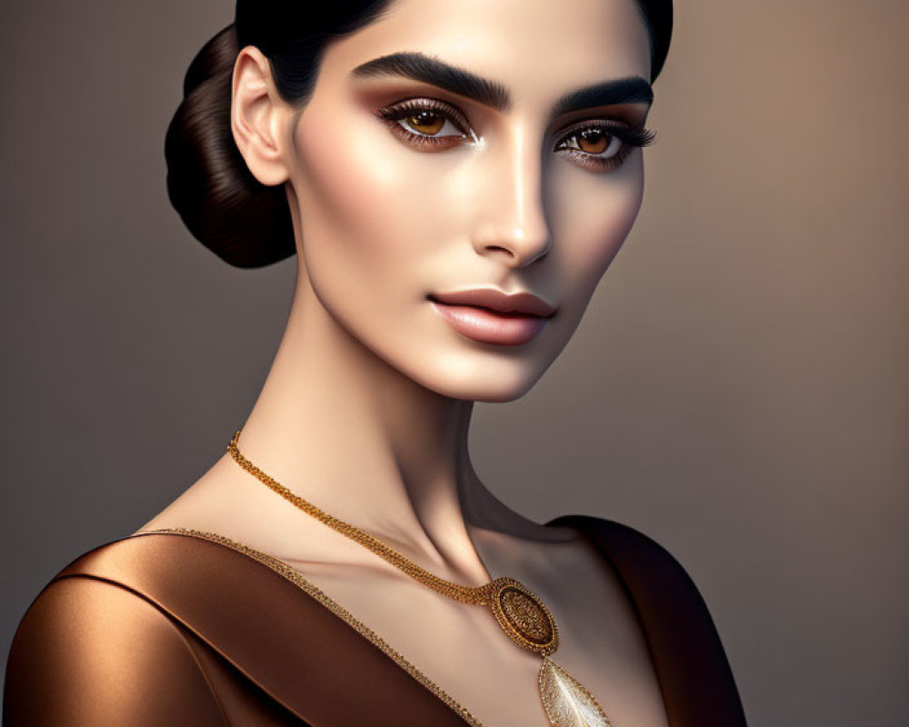 Digital portrait of a woman with sleek hair, bold eyebrows, striking makeup, brown top, and gold