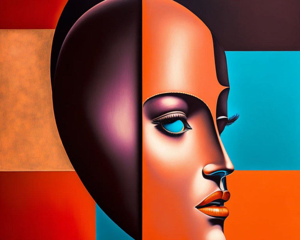 Surreal Bifurcated Face with Geometric Backgrounds and Hyperrealistic Detail