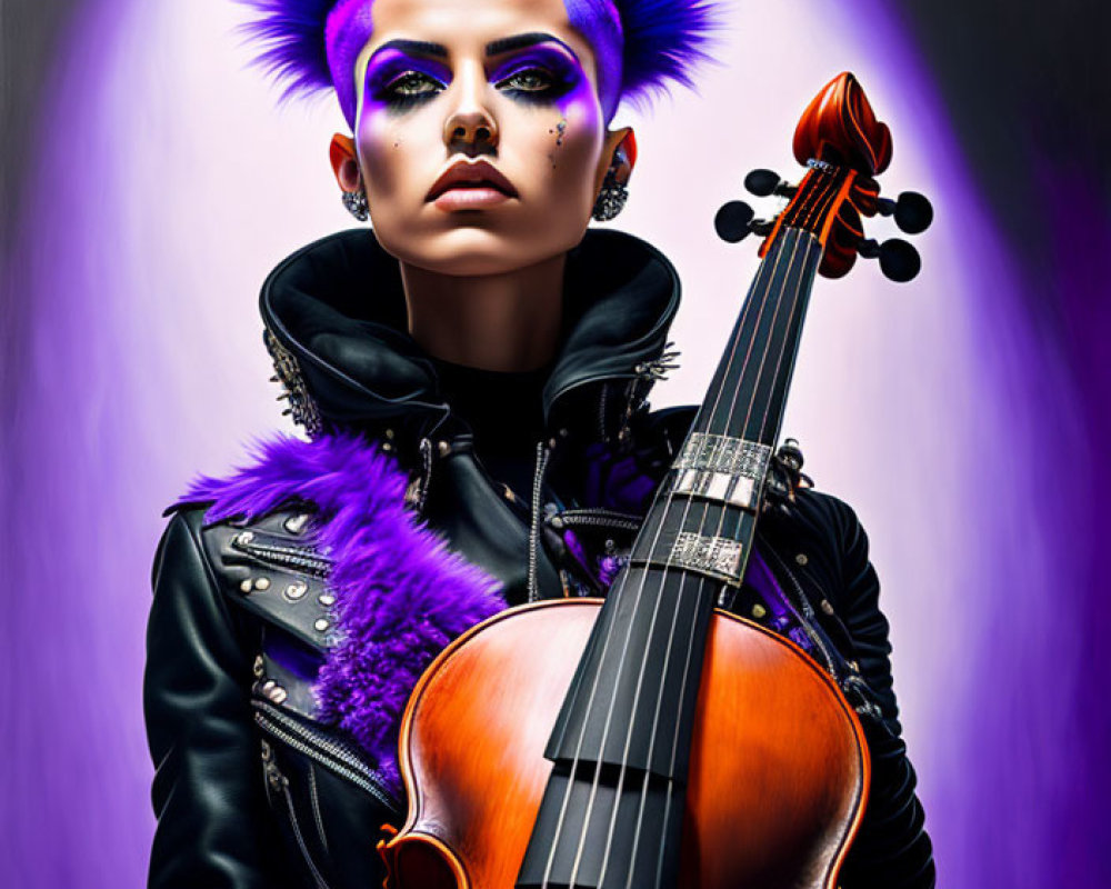 Vivid purple spiky hair person with violin on purple background