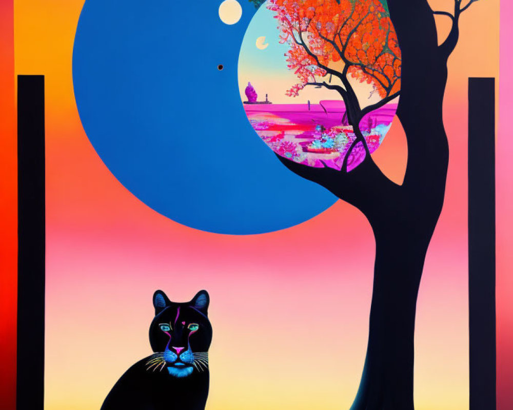 Colorful Artwork Featuring Black Cat and Surreal Tree Landscape