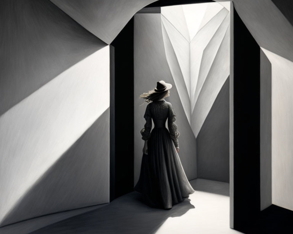 Person in Dark Dress and Wide-Brimmed Hat in Geometric Corridor with Sunlight and Shadows