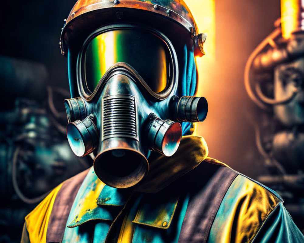 Person in Gas Mask and Helmet in Industrial Setting with Glowing Orange Pipes