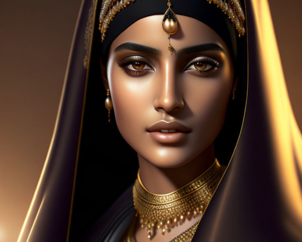 Regal woman in gold jewelry and headpiece on warm backdrop