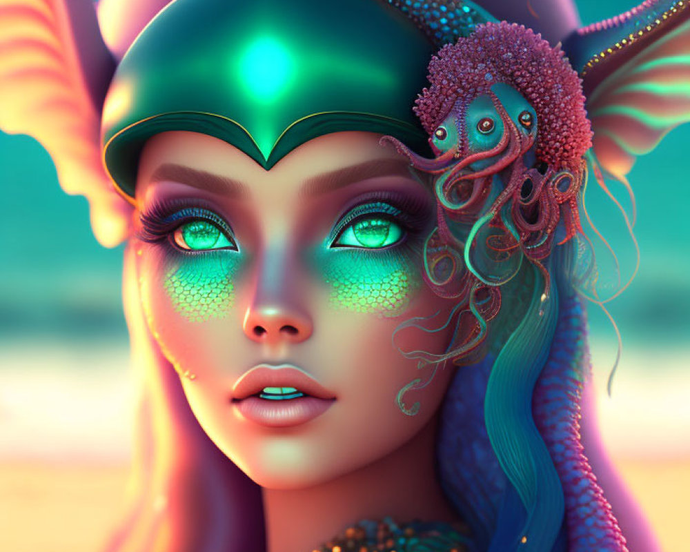 Portrait of woman with teal scales, horns, oceanic hair, octopus, and green helm