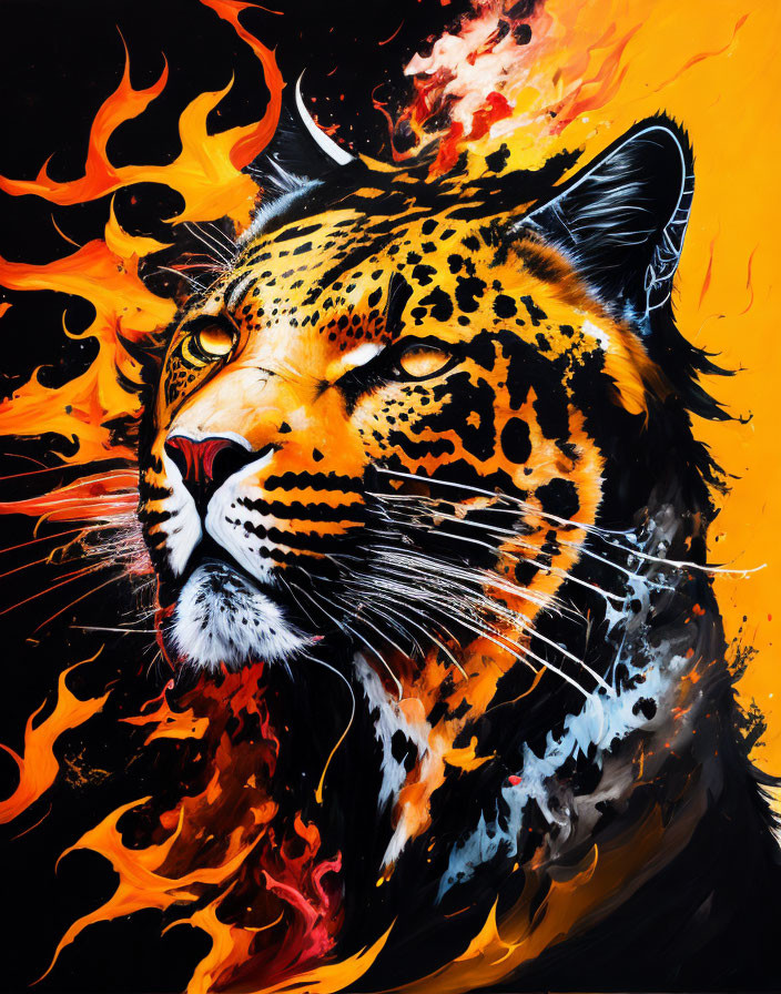 Leopard's Head with Orange and Yellow Flames on Black Background