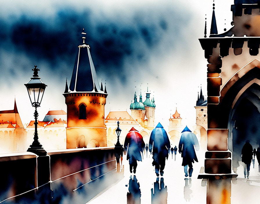 People with umbrellas on old bridge with historic towers in watercolor.