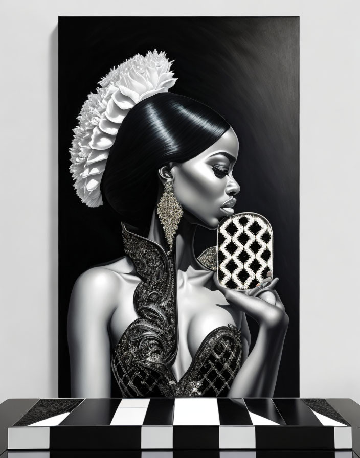 Monochromatic artwork of woman in elegant attire with floral headpiece on checkerboard floor.