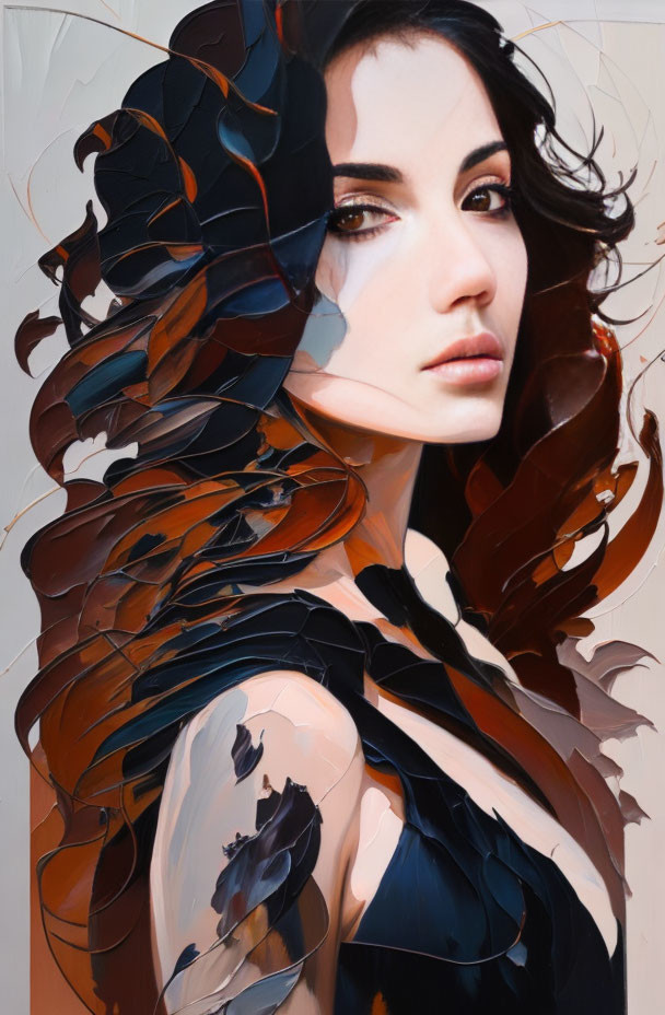 Portrait of Woman with Dark Hair Adorned in Abstract Leaf-like Shapes