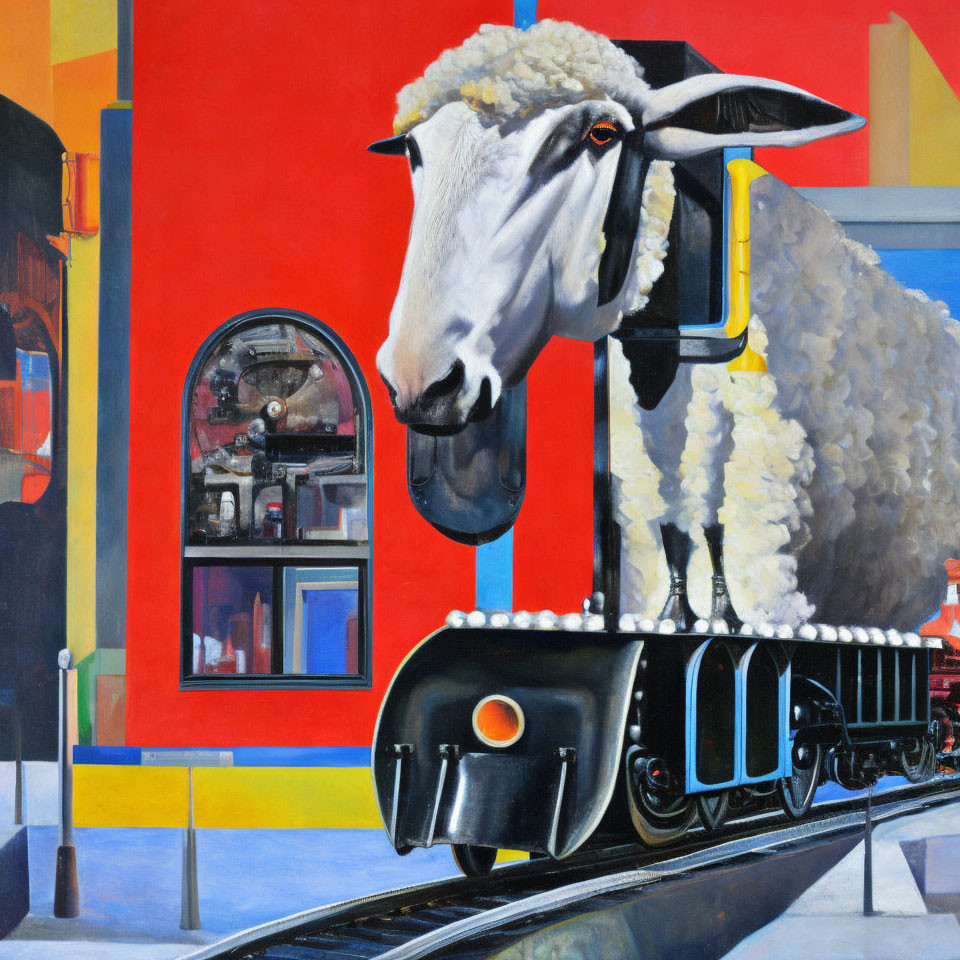 Surreal painting: sheep's head & steam train on geometric background.