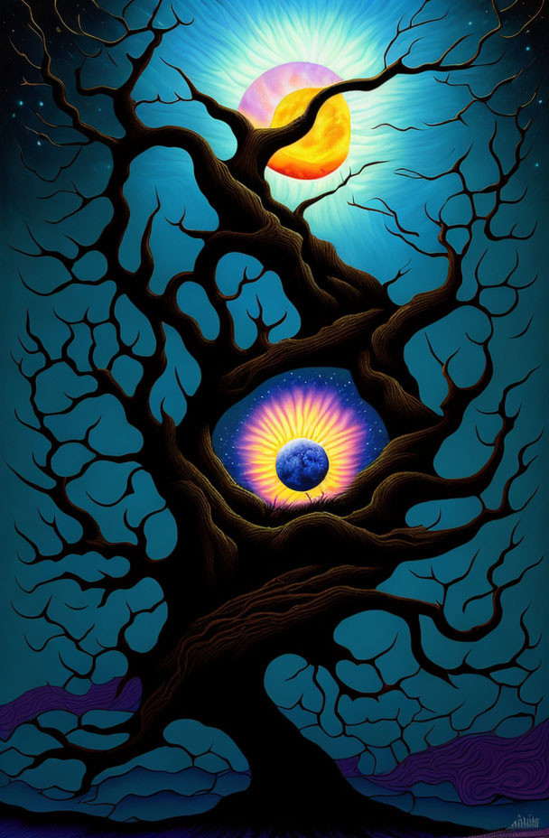 Surreal artwork: Tree silhouette against cosmic night sky