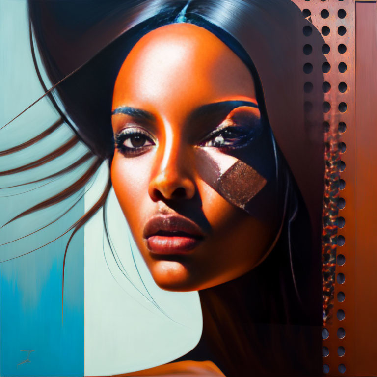 Vibrant portrait of a woman with brown skin and geometric facial embellishments