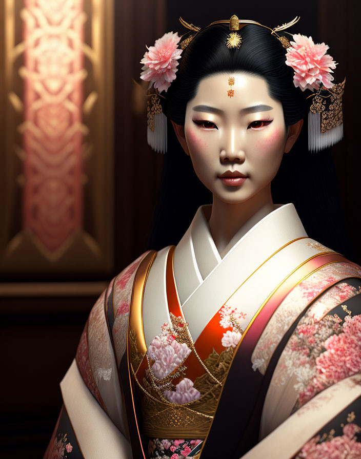 Digital portrait of woman in traditional Japanese attire with cherry blossoms, refined makeup, against ornate background